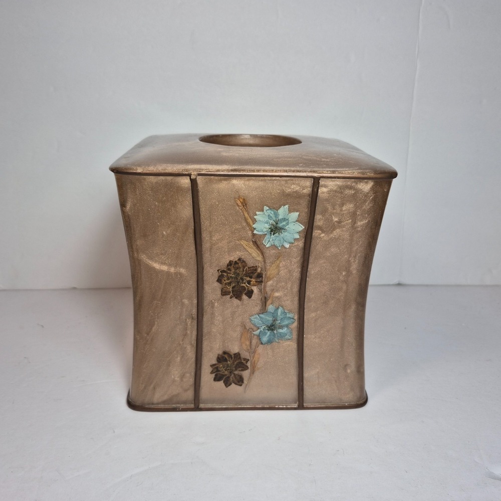 Vtg India Ink Tissue Box Cover Fresh Fields Acrylic MCM Bohemian Dried Flowers